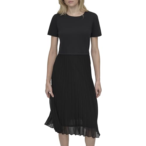DKNY Women's Short Sleeve Jewel Neck Pleated Skirt Keyhole Midi Dress