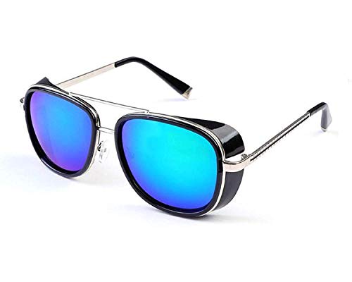 HAMISS Stark - Gafas de sol cuadradas de metal para hombre y mujer, unisex, estilo aviador, cuadrado, con funda, color azul