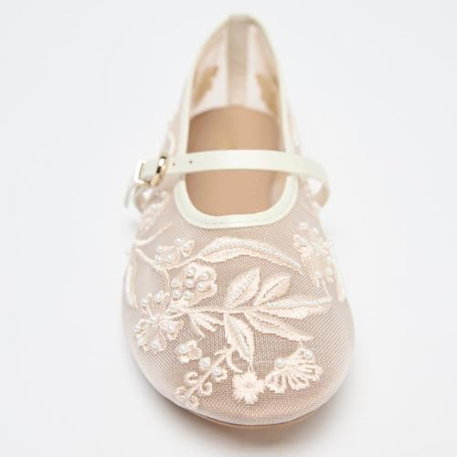 YIYA Women's White Floral Embroidered Mesh Ballet Flats with Pearl Studded Round Toe Ballerina Buckle Strap Comfortable Mary Jane Dress Shoes3