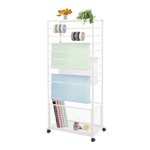 YIYIONCE Ribbon Holder 16-Tiers Ribbon Storage Rack Wrapping Paper Holder for Florist 110LBS Ribbon Organizer Rack with Wheel Freestanding Ribbon Display Rack for Fabric Shops | US Stock (White)