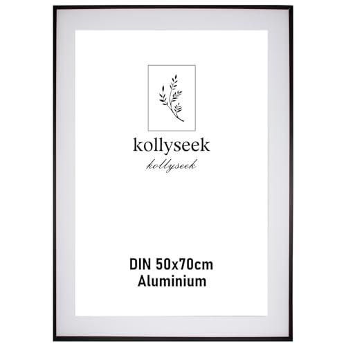 kollyseek Picture Frame Aluminium 50 x 70 cm Black Metal Poster Frame with Shatterproof Acrylic Glass Modern Photo Frame Picture Frame with Mount for Pictures Poster Photos Black