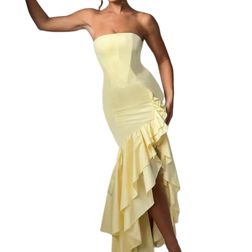 Image of Women's Sexy Strapless Backless High Split Long Maxi Dress Ruched Off Shoulder Sleeveless Bodycon Party Cocktail Dresses