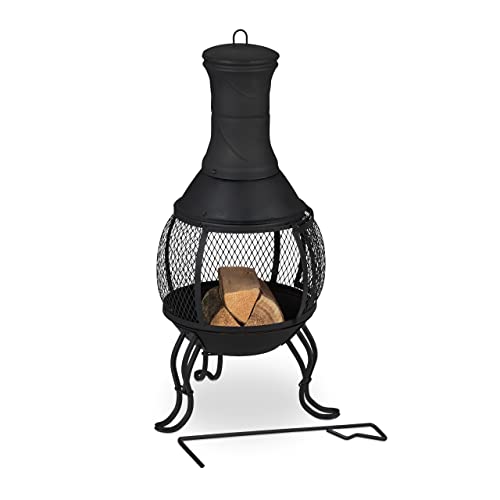 Relaxdays Terrassenofen, Stahl & Gusseisen, HxD: 88 x 36 cm, Gartenkamin Funkenschutz, Feuerstelle, Aztekenofen, schwarz
