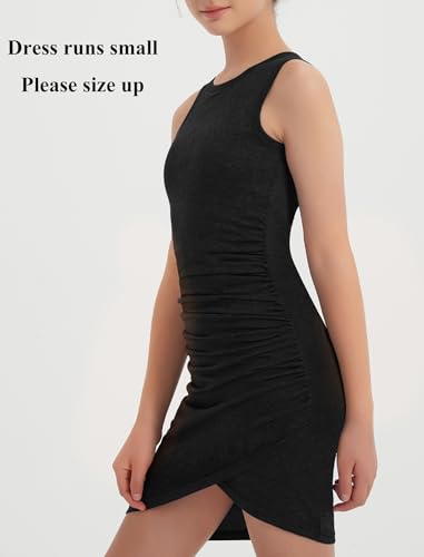 EXARUS Girls Bodycon Short Ruched Pencil Dresses Fitted Sleeveless Tank Crew Neck Casual Mini Dress2