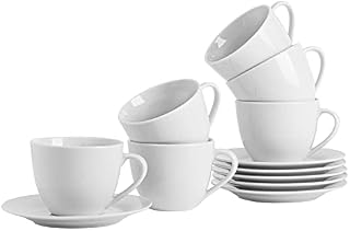 Argon Tableware 12x White Large Cappuccino Coffee Cup & Saucer Set - Cup 320ml (11oz) Saucer 14.5cm - Tea Coffee Latte Saucers Kitchen Set - Dishwasher and Microwave Safe