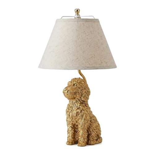 Obriskus Golden Doodle Dog Table Lamp 22 Inch Farmhouse Decor Resin Base with Antique Gold Finish White Shade