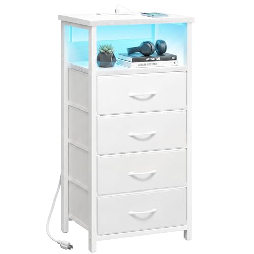 Image of Fixwal Tall Nightstand with Charging Station, Night Stand with U-S-B Ports and Outlets, 4 Fabric Storage Drawers with PU Finish, Small Dresser Bed Side Table, White
