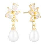 MOTIBACK Perlenohrringe mit Blattdesign - Elegante Süßwasserperlen Ohrringe mit 14K Gold & funkelnden Zirkonia-Blättern, Ohrringe Perlen Perlenschmuck für Besondere Anlässe & Selbstbelohnung (A)