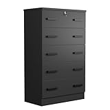 Cindy 5 Drawer Chest Wooden Dresser with Lock in Black (Black)