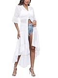 Aro Lora Women's Button Down Shirt Dress Sheer Chiffon V Neck Asymmetrical Ruffle Summer Beach Maxi Dress XX-Large White