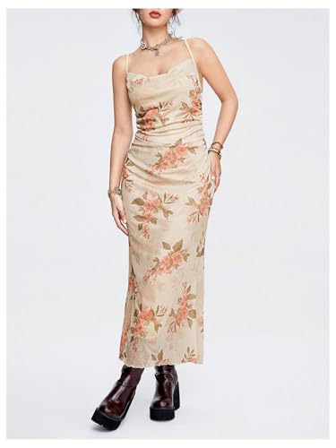 Image of SOLY HUX Women's Floral Mesh Bodycon Cami Dress Cowl Neck Sleeveless Cocktail Party Wedding Guest Long Maxi Dresses