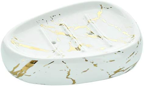 G Decor 5-Pieces White & Gold Designer Marble Ceramic Bath Accessory Set | Includes Liquid Soap or Lotion Dispenser, Toothbrush Holder, Two Tumblers, Soap Dish