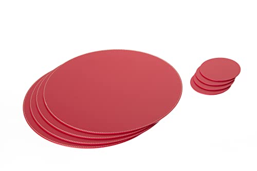 Nikalaz Set Of Small Round 4 Red Placemats And 4 Coasters, Round Table Placemats, Place Mats 12.99 Inches, Recycled Leather Placemats For Dining Table #TOP3