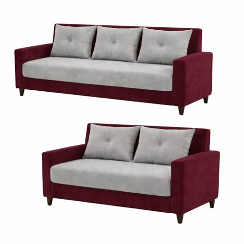 Image of Ultimate Comfort 3+2 Wooden Sofa Set | Premium Velvet Fabric | Modern 5-Seater Sofa | Durable & Stylish Living Room Furniture(Mehroon & Grey)