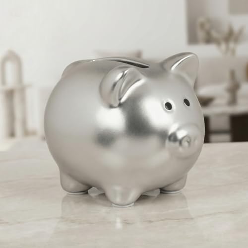 MIJOMA Salvadanaio a forma di maiale lucido, finitura in metallo opaco, in ceramica, 8 x 6,5 cm, elegante salvadanaio con stopper, design moderno, idea regalo per bambini e adulti (argento)