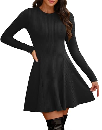 OFEEFAN Sweater Dress for Women Fall 2026 Long Sleeve Crew Neck Ribbed Knit Fit and Flare A-Line Dresses - Image 5
