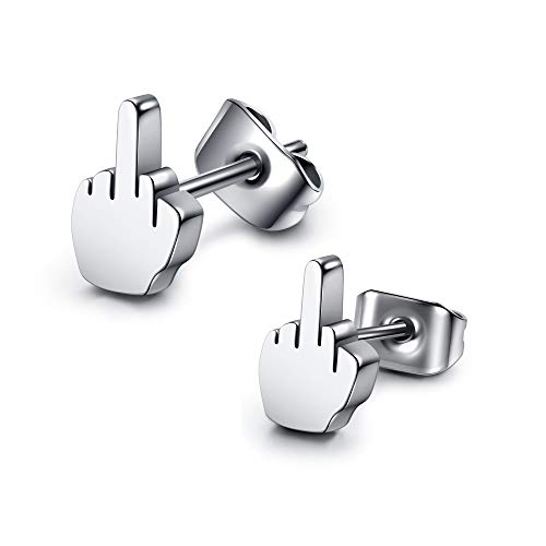 Jovivi 2Pairs Punk Stainless Steel 20G Silver Black Middle Finger Ear Studs Earrings Womens Mens #TOP1