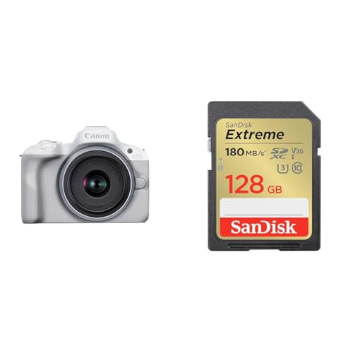 Canon ミラーレス一眼カメラ EOS R50 標準ズームレンズキット(RF-S18-45) ホワイト/APS-C/約376g EOSR50WH-1845ISSTMLK + 【 サンディスク 正規品 】 SDカード 128GB SDXC Class10 UHS-I U3 V30 SanDisk Extreme SDSDXVA-128G-GHJIN 簡易デザインパッケージ メーカー無期限保証