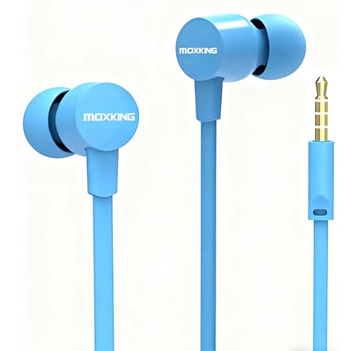 MOXKING Kabelgebundene Ohrhörer für Kinder & Frauen flaches Kabel Mikrofon & Lautstärkeregler geeignet für kleine Ohren (Blue)