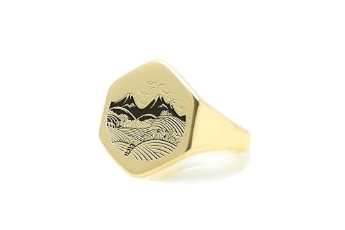 Design en forme d'hexagone pour cette bague chevalière paysage japonais