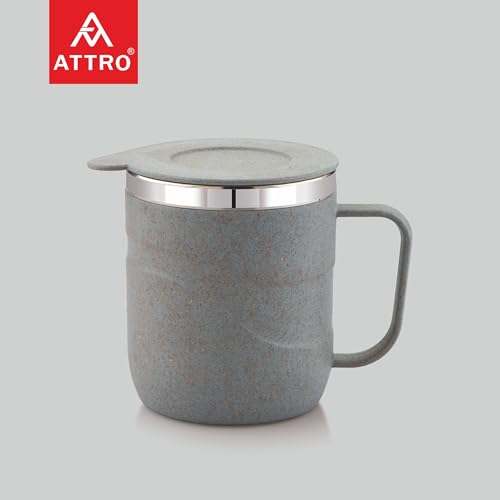 Image of ATTRO Brew Mug - Stainless Steel Inner with eco Friendly Outer Body Durable & Stylish, Microwave Safe Coffee /Tea Mug with Handle & Lid, Ideal for Home, Office, Travel & Gifting - 300ml - Pastel Grey