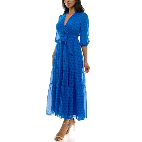 Women's 3/4 Sleeve V-Neck Geometric Print Tie Waist Maxi Dress2