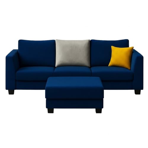Image of SOCOZI Trevano 4 Seater L Shape Sofa Set with Movable Ottoman | Flexible Left or Right Layout | Soft Velvet Suede Fabric | Modern Design | Plush Comfort Cushions for Living Room (Blue -Light Grey)