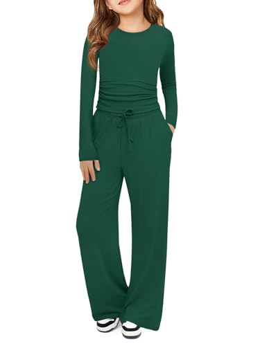 Consejos para Comprar Ropa de Niña . 43 Haloumoning - Conjunto de chándal de 2 piezas para niñas, manga larga fruncida y pantalones de pierna ancha con bolsillos, conjuntos de ropa, Verde, 7-8 Años