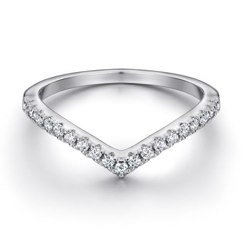 ENDLESSNESS & ETERNITY 14K White Gold V Shaped Cubic Zirconia Half Eternity Wedding Band Stacking Engagement Promise Ring