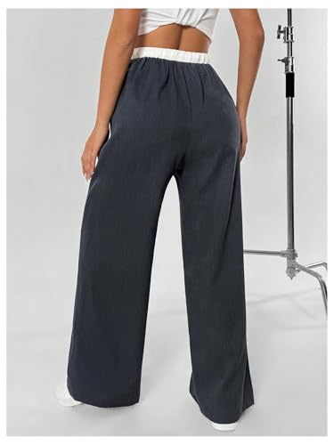 MakeMeChic Women's Elastic Waist Drawstring Colorblock Y2k Baggy Pants Wide Leg Loose Trousers2