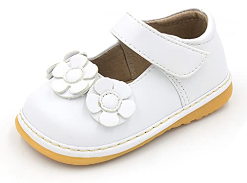 Little Mae's Boutique Mary Jane White Three Flower Squeaky Shoes For Toddler Girls, Ideal Toddler Walking Shoes With Removable Squeaker And Adjustable Strap - Flexible Sole Baby Shoes (5) #TOP6