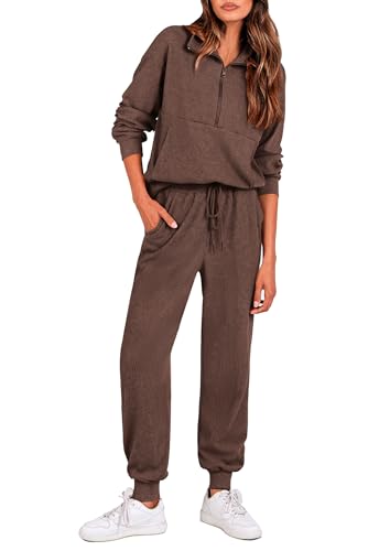 PRETTYGARDEN Women's Fall 2 Piece Lounge Sets Zip Up Sweatshirt Jogger Pants Sweat Track Suits Travel Outfit Winter Clothing (Coffee,Medium)