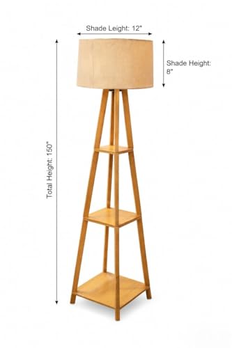 Image of Modern Wooden Floor Lamp with Shelves | 3-Tier Storage Tripod Standing Lamp with Fabric Shade | Decorative Corner Light for Living Room, Bedroom & Office | Natural Wood Finish