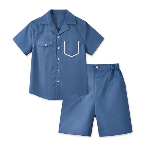 Image of LOLANTA Boys 2 Pieces Linen Set kids Short Sleeve Button Down Shirt and Shorts Summer Vacation Outfits