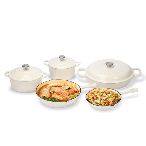 GFTIME Antihaft Emaille Gusseisen Kochgeschirr Set, 8 teiliges Töpfe und Pfannen mit Deckel, Bratpfanne, Schmortopf, Soßentopf, Runder Dutch Oven für Brotbacken auf allen Herdarten, Weiß