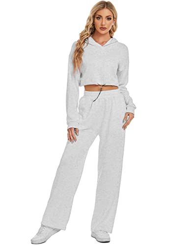 Cozypoin Women's 2 Piece Outfits Cropped Hooded Sweatshirt And Long Pants Workout Athletic Tracksuit Sweatsuits(Lightgrey-M) #TOP3