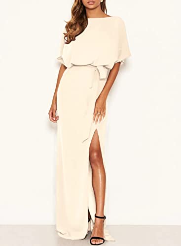 Happy Sailed Womens Long Maxi Dress Batwing Sleeve Tie Waist Side Split Formal Party Dresses Evening Gown Apricot Medium #TOP6