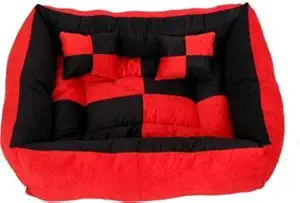 Poofy's Pet Island Dog and Cat Square Shape Red and Black Ultra Soft Reversible Bed Small with Extra Pillow