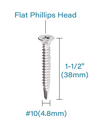 Image of IMScrews 25pcs #10 x 1-1 /2 inch Stainless Flat Head Phillips Self Drilling Screws, 410 Stainless Steel Full Thread Sheet Metal Tek Wood to Metal Screws