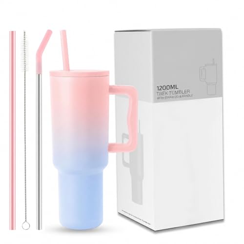 Image of 1200ML Stainless Steel Tumbler Hot and Cold with Handle and Lid 2 Straw, Double Insulated Cup Leak Proof Mug Cupholder for Gym, Travelling (Pink & Blue)
