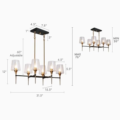 KSANA 6-Light Linear Chandelier, Black and Electroplated Brass Finish with Seeded Glass Shades, Modern Black Gold Island Lighting Fixture for Dining Room and Kitchen by KSANA - Used condition - Image 2