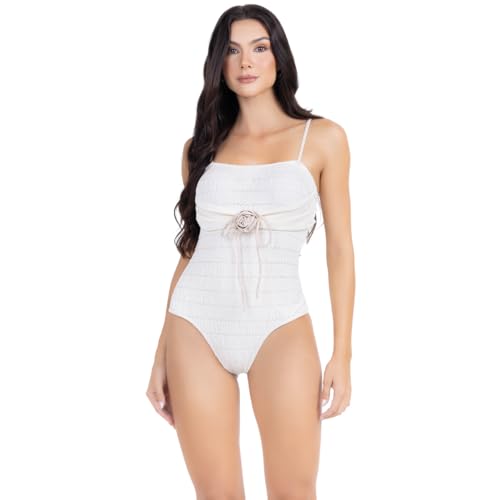 Maiô Body Feminino Texturizado com Detalhe de Broche Flor, Preto (BR, Alfa, G, Regular, Branco)