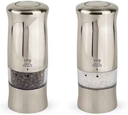 Peugeot - Zeli Electric Salt & Pepper Mill Set - Adjustable Grinders - Battery Powered - LED Light, Plastic with Brushed Metal Finish, 14 cm