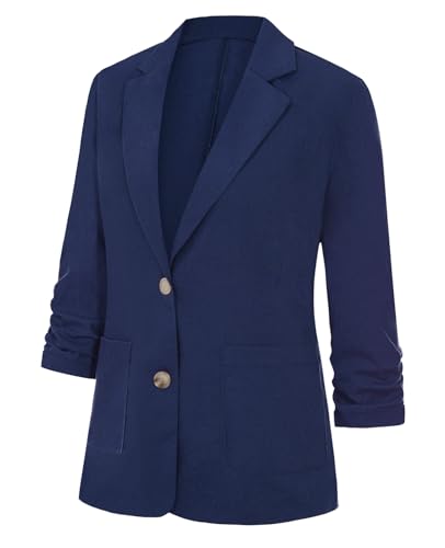Womens Cotton Linen Blazer 3/4 Ruched Sleeve Lightweight Spring Summer Lapel Button Casual Blazers with Pockets2