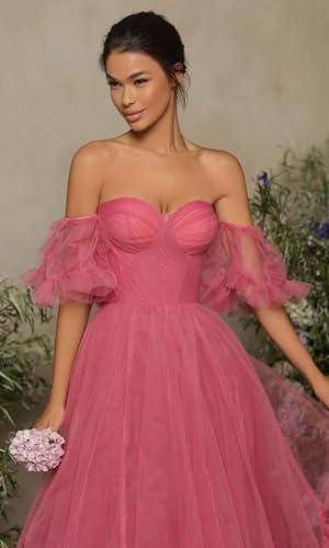 SoDigne Off Shoulder Long Prom Dresses Tulle Ruffle Sleeve Puffy Formal Evening Party Ball Gowns with Pockets4