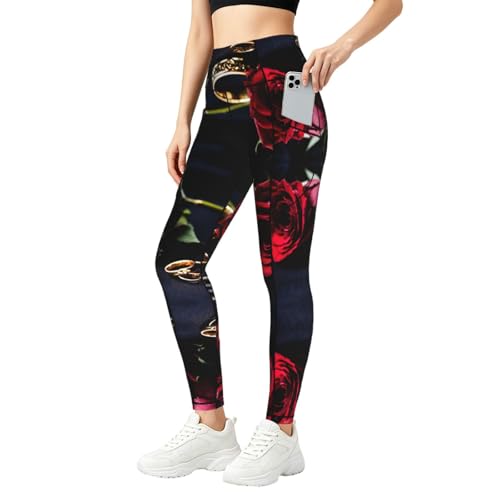 Leggings con estampado de rosas rojas con bolsillos ropa climática deportiva para mujer fitness