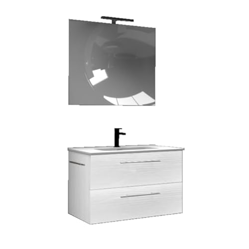 MaMa Store ERA 100 - Mobile Bagno Sospeso 100 CM BIANCO ARTICO con Lavabo, Specchio e Lampada LED, L. 101 X P. 47 X H. 53 cm