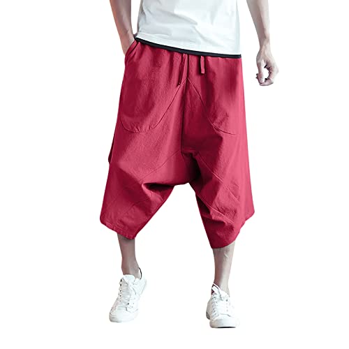 Pantalones cortos largos capri para hombre, por debajo de la rodilla, ajuste holgado, con cordón elástico, entrepierna caída, casual, holgados, de lino, hippie, pantalones harén, rosso, 3XL