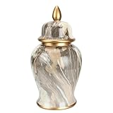 KLJUddGY Frascos de Jengibre de Porcelana de mármol, Tarro de cerámica Antiguo con Tapa, tarros Decorativos Chinoiserie, Tarro de Templo de Moda, floreros con Adornos Dorados(36 * 19cm)