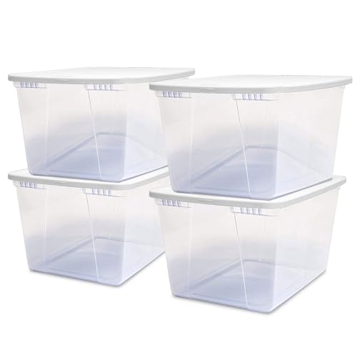 HOMZ 4-Pack Snap-On, Stackable Clear Plastic Storage Organizer Bins, 56 Quart, White Lid